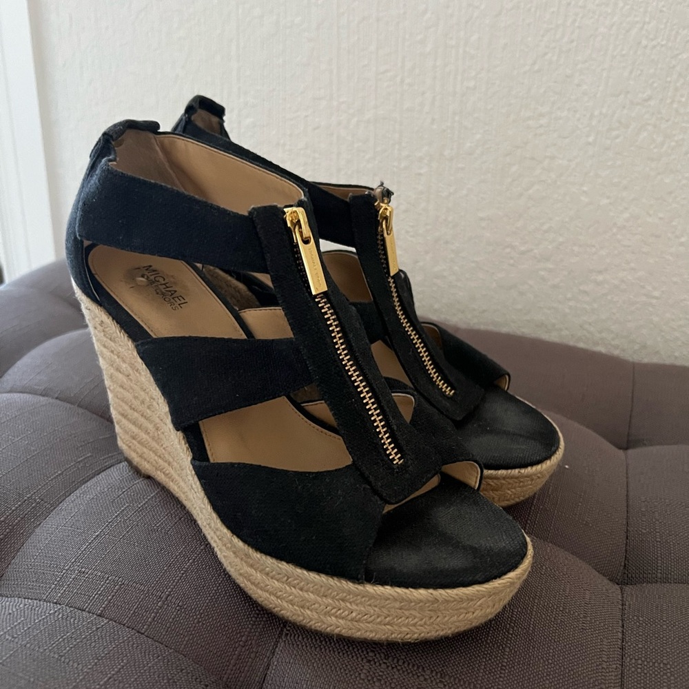 Michael Kors Black and Tan Wedge Sandals